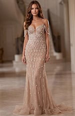 Embellished gown with draped beaded sleeves