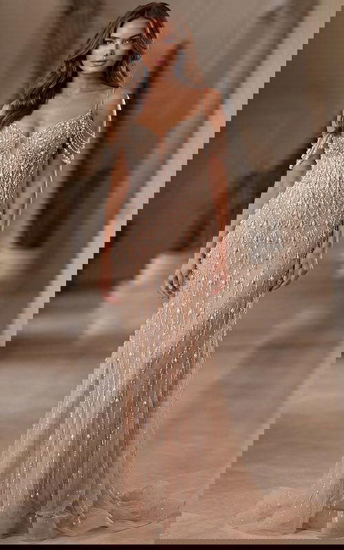 Embellished gown with draped beaded sleeves