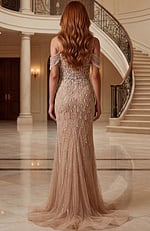 Fitted evening dress with beaded details and flowing skirt
