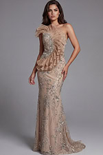 Crystal embroidered nude mermaid gown with flowing sheer cape