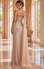 back view of beaded prom dress with low open back and fitted shape