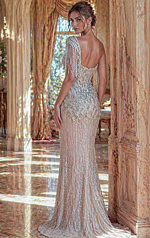 back view of beaded prom dress with low open back and fitted shape