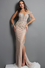 beaded one shoulder evening gown with high slit
