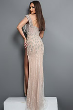 beaded one shoulder evening gown with high slit