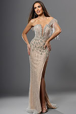 beaded one shoulder evening gown with high slit
