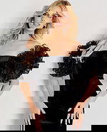 off the shoulder black dress with organza sleeves 50216