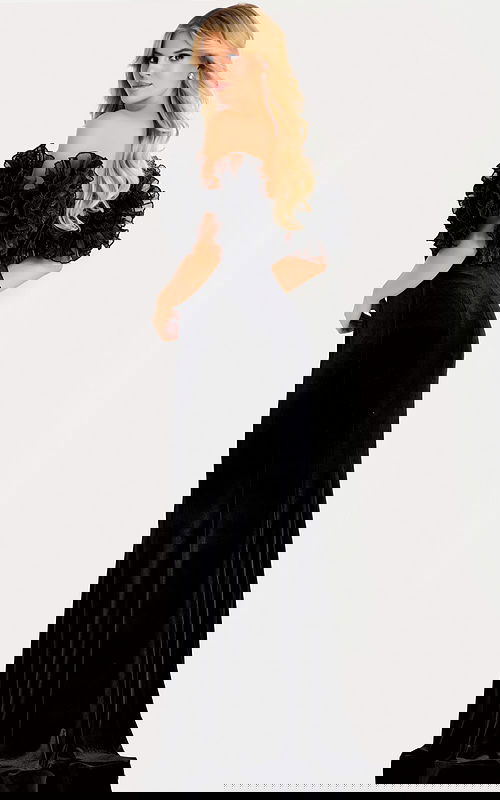 black fitted dress with organza ruffled sleeves 50216