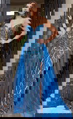 Strapless beaded gown with deep sweetheart neckline, fitted silhouette, high slit, and flowing sheer overskirt shown from the front