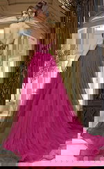 Back view of strapless beaded evening gown with low back, fitted waist, and flowing tulle skirt