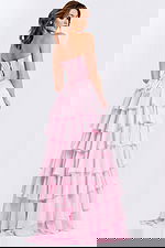 Strapless pink tiered prom dress with lace-up corset back
