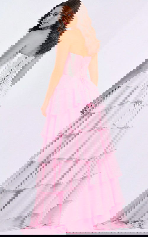 Strapless Pink Ball Gown with Metallic Corset and Ruffle Skirt 50234