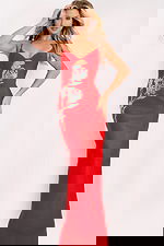 Elegant red beaded prom dress featuring rhinestone floral design