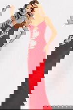 Red rhinestone rose fitted prom dress with cutout neckline