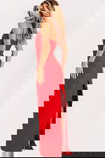 Tight red bodycon prom dress with spaghetti straps and slit back