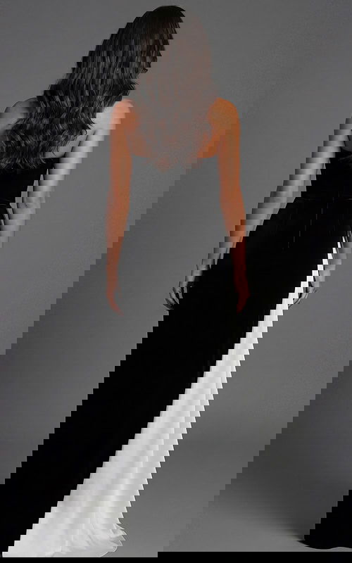 Back view of strapless evening gown with smooth velvet finish