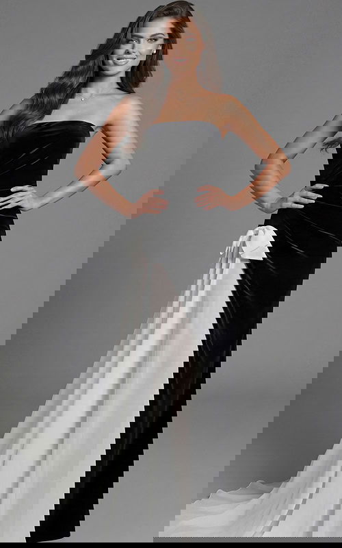 Strapless velvet gown with fitted silhouette and contrast draped panel