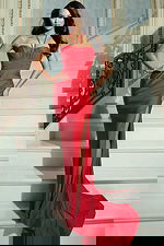 red strapless high slit dress 50246