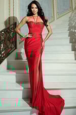 red strapless high slit dress 50246