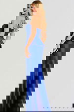 Strapless satin gown with a structured peplum waist and floor length fitted skirt, creating a timeless and elegant look.