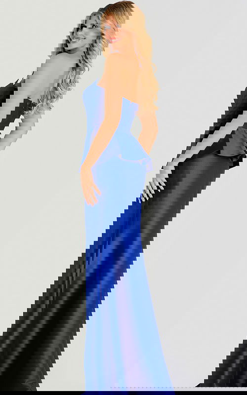 Strapless satin gown with a structured peplum waist and floor length fitted skirt, creating a timeless and elegant look.