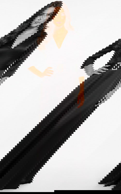 black v neckline dress with belt 50262