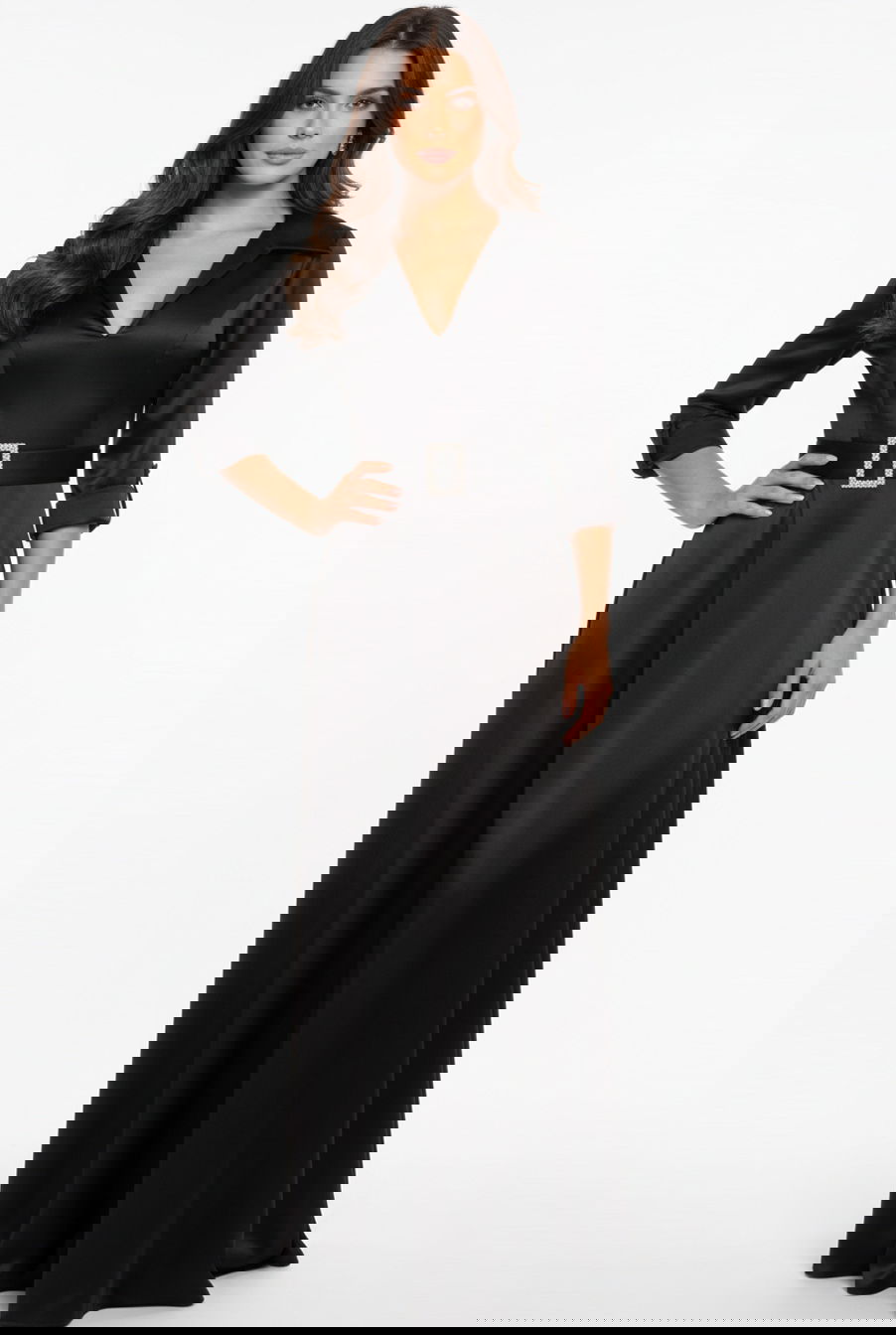 50262 black v neckline dress with belt 50262