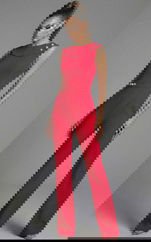 off shoulder tailored jumpsuit with pearl shoulder accents