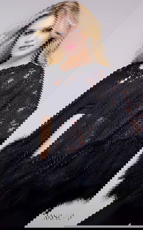 model wearing Maslavi M50364 black lace and feather trim cape dress, front view