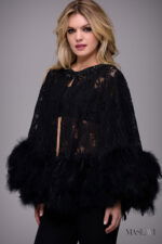 model wearing Maslavi M50364 black lace and feather trim cape dress, back view