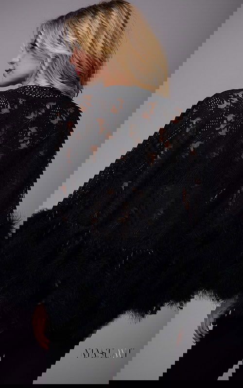 model wearing Maslavi M50364 black lace and feather trim cape dress, alternative front view