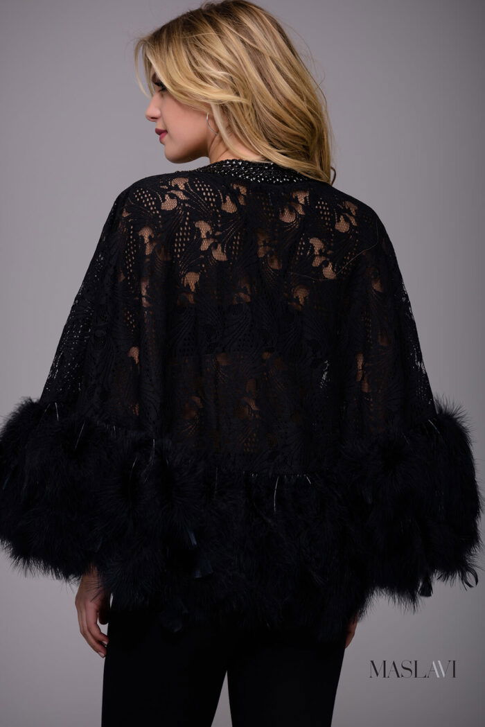 model wearing Maslavi M50364 black lace and feather trim cape dress, alternative front view