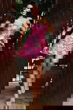 Jovani 51548 hot pink strapless short dress in metallic floral brocade fabric with structured bow detail at the waist and A line mini skirt