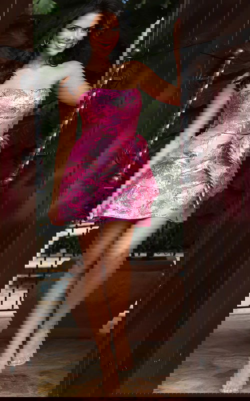 Strapless pink jacquard mini dress with oversized side bow