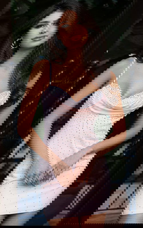 pleated bodice embellished pink short dress 51550