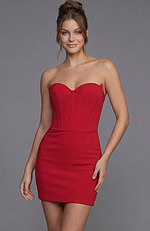 Sultry red mini dress designed with a reinforced corset bodice and a straight-cut skir