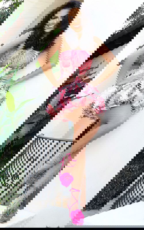 Strapless pink floral bubble mini dress