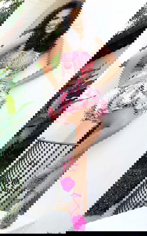 Strapless pink floral bubble mini dress