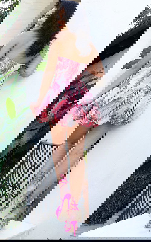 Strapless printed bubble hem mini dress with structured bodice