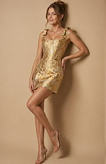 Sophisticated metallic gold mini dress in a rich floral-patterned jacquard fabric with a reinforced bustier top.
