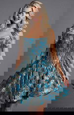 Strapless brocade mini dress with open back and full skirt