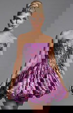 Strapless brocade mini dress with structured corset bodice and flared skirt