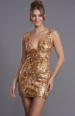 Elegant gold cocktail dress featuring a form-fitting silhouette and thick shoulder straps.