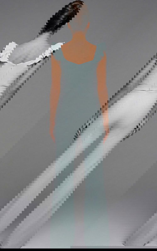 structured jumpsuit with sweetheart neckline and tailored waist