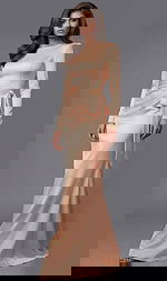 Long sleeve satin gown with sleek fitted silhouette, smooth finish, and waist tie detail