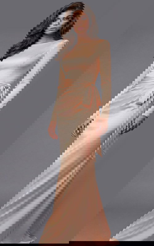 Long sleeve satin gown with sleek fitted silhouette, smooth finish, and waist tie detail