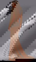 Back view of long sleeve satin gown with smooth fitted silhouette, clean back seam, and soft floor length hemline