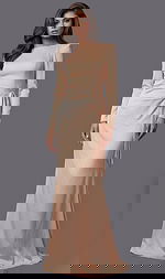 Long sleeve satin gown with clean neckline, smooth fitted silhouette, and elegant side waist tie detail