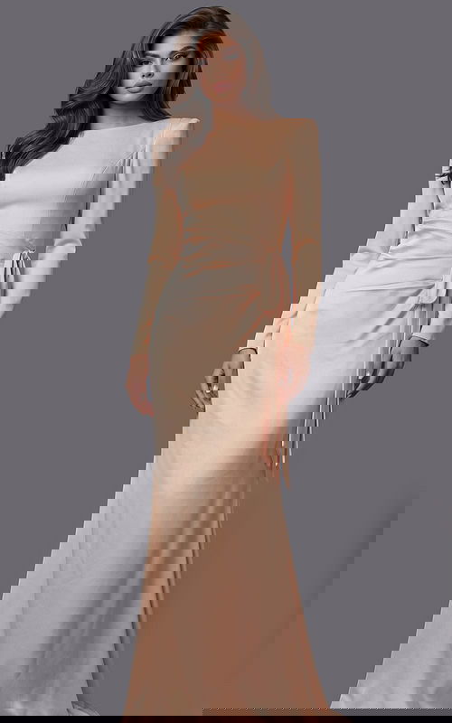 Long sleeve satin gown with clean neckline, smooth fitted silhouette, and elegant side waist tie detail