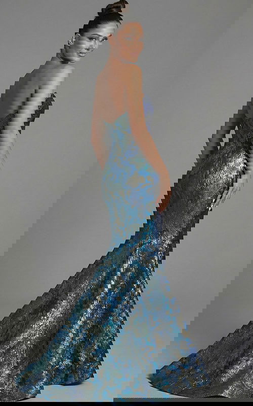 Brocade mermaid gown with fitted waist and dramatic flare back view