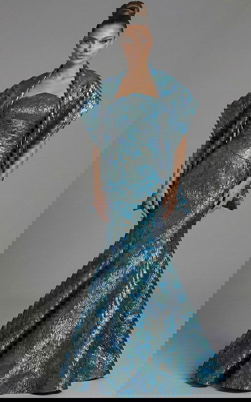 Strapless brocade mermaid gown with structured bodice and flared hem